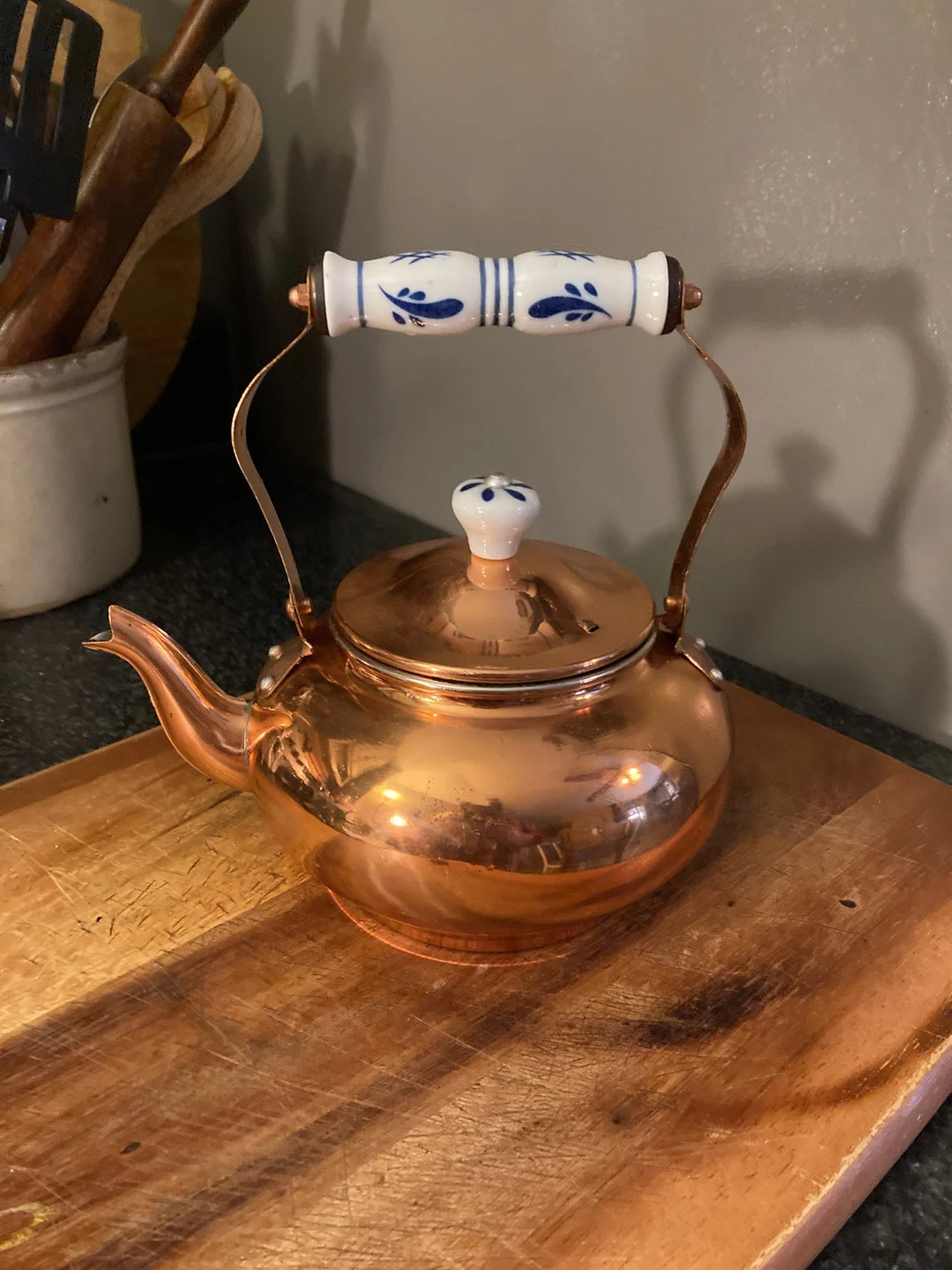 Vintage copper teapot/kettle with blue and white ceramic handle and top | Etsy (US)