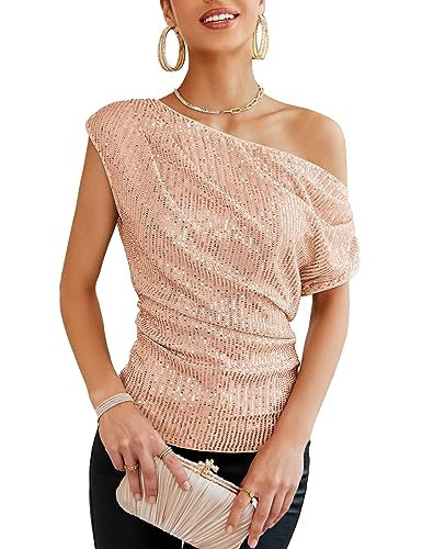 GRACE KARIN One Shoulder Sequin Sparkly Tops for Women Ruched Asymmetrical Glitter Tops Slimming Sparkle Party Shirts Rose Gold | Amazon (US)