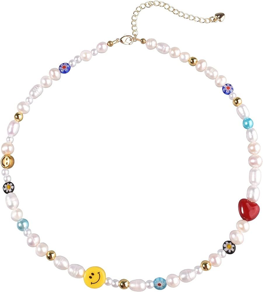 Y2K Natural Freshwater Pearl Beaded Necklace Choker “Fun Flirty” Summer Smiley Face Necklaces for Wo | Amazon (US)