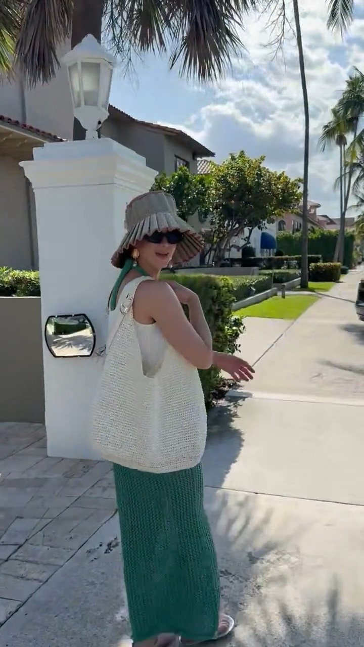 Megan had on the cutest bathing suit and knit cover-up skirt. The hat, earrings and sunglasses finished off this great look  

Spring fashion, spring look, swimsuit, bikini, beach cover-up, beach bag, woven tote bag, sun hat, vacation outfit, resort outfit 

#LTKOver40 #LTKSwim #LTKTravel