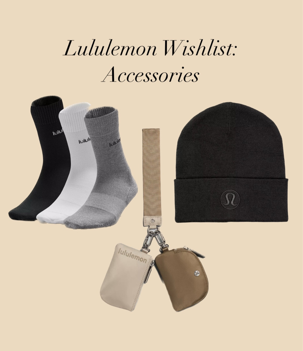 Lululemon wishlist. Lululemon accessories. Lululemon keychain. Lululemon beanie. Crew socks for women. 