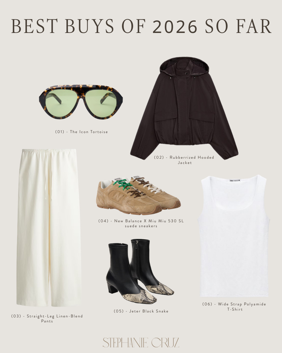 A mix of elevated staples and statement pieces I keep reaching for — from the iconic tortoise sunnies to the suede sneakers and that perfect rubberized hooded jacket. Clean, versatile, and effortlessly cool.

#BestBuys2026 #StyleCurator #OutfitEssentials  

 #LTKootd #LTKBeauty