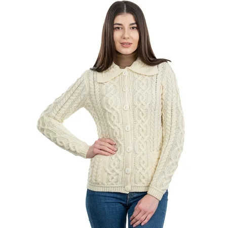 SAOL 100% Merino Wool Women s Aran Cable Knit Cardigan Sweater Button Up Irish Jacket with Pockets Made in Ireland | Walmart (US)
