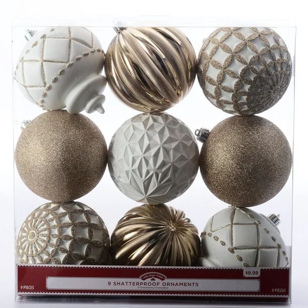 Holiday Time 100 mm Shatterproof Christmas Ornaments, Champagne Gold & White, 9 Count | Walmart (US)