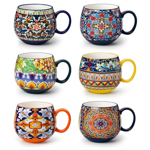 vancasso Coffee Mugs Set of 6, Coffee Cups Ceramic 18oz, Porcelain Coffee Mugs for Cappuccino, Latte, Espresso, Colorful Coffee Mugs with Handle, Rounded Boho Mugs, Microwave & Dishwasher Safe | Amazon (US)