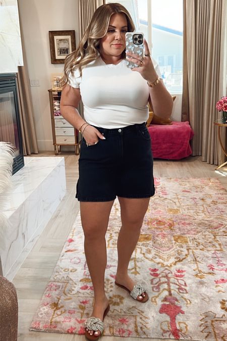 curvy spring denim shorts look! wearing size xl in fitted white cropped tee and size 32 in black mid length denim shorts 

#LTKSeasonal #LTKcurves #LTKunder50