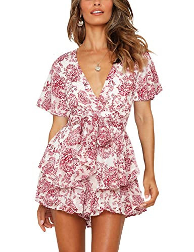 Relipop Women's Floral Rompers Jumpsuits V Neck Short Sleeve Waist Tie Double Layer Ruffle Hem Romper | Amazon (US)
