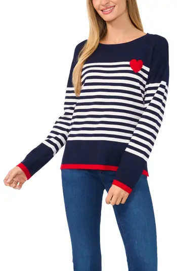 CeCe Sailor Stripe Heart Sweater in Classic Navy at Nordstrom Rack, Size Xx-Small | Nordstrom Rack
