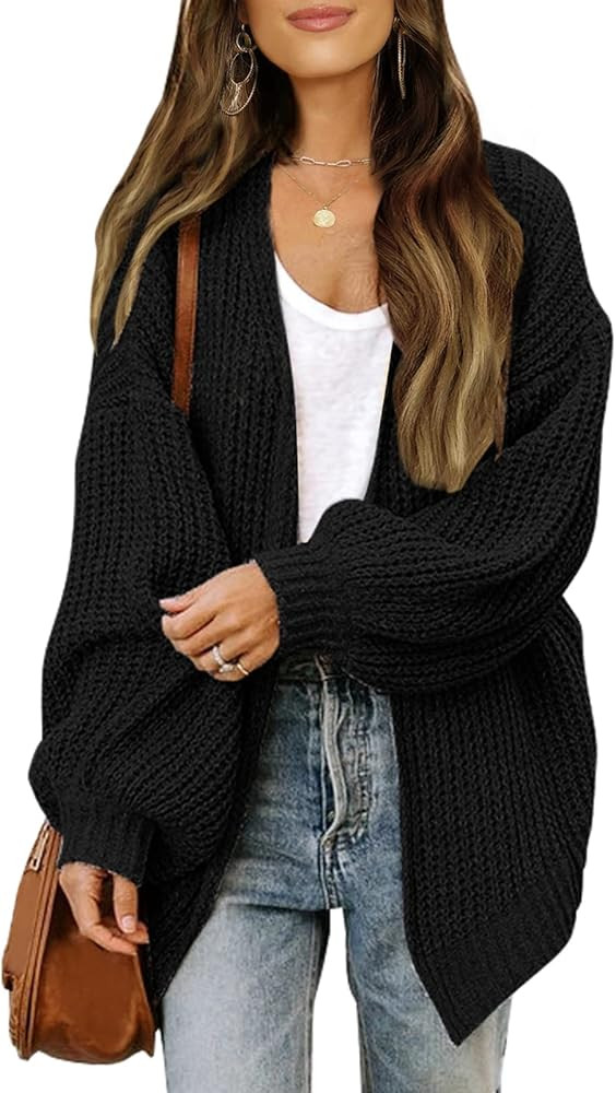 Women's Open Front Long Lantern Sleeve Cardigan Oversized Chunky Outwear with Pocket | Amazon (US)