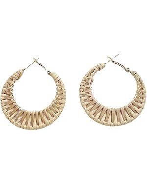 Lightweight Geometric Rattan Earrings for Women Handmade Braid Woven Raffia Straw Wicker Hoop Sta... | Amazon (US)