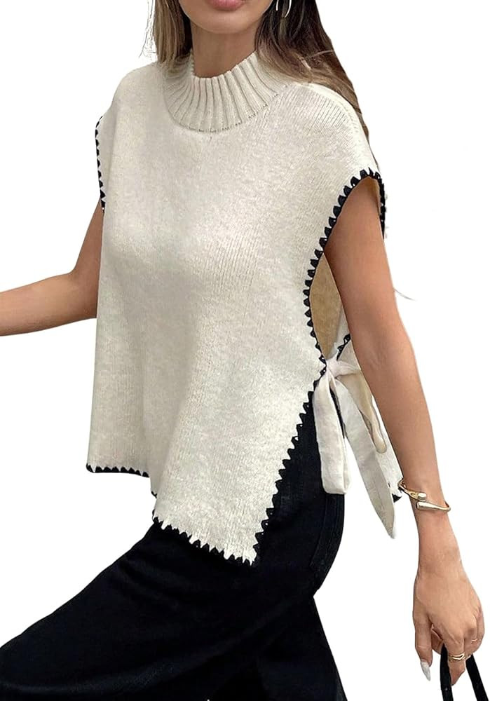 Verdusa Women's Old Money Sweater Tie Knot Slit Sweater Vest Mock Neck Cap Sleeve Lightweight Kni... | Amazon (US)