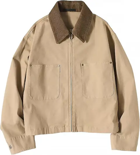 Womens Cropped Barn Jacket Corduroy Collar Lightweight Utility Zip Up Coat Cotton Canvas Workwear