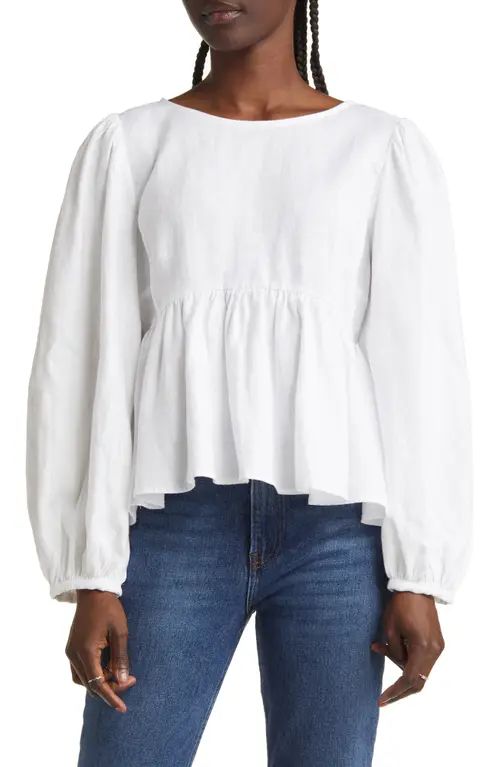 Reformation Rumi Long Sleeve Linen Babydoll Blouse in White at Nordstrom, Size Medium | Nordstrom