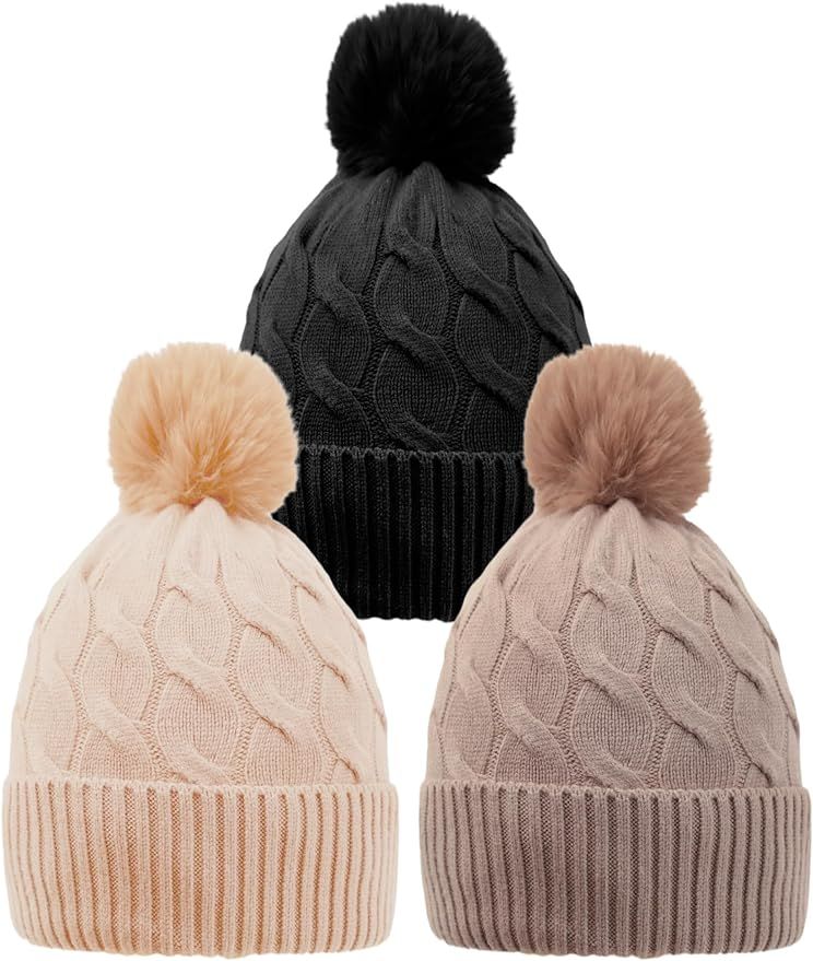 Amoretu Beanie for Women with Pom Pom 3PCS Winter Hats Knit Warm Cap for Cold Weather | Amazon (US)