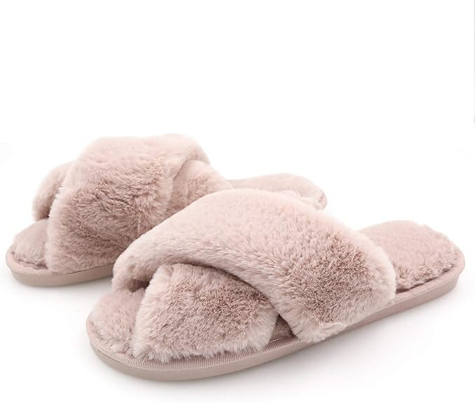 Topgalaxy.Z Women's Cross Band Soft Plush Fuzzy House/Indoor Slippers,Open Toe Faux Fur Fluffy Fl... | Amazon (CA)