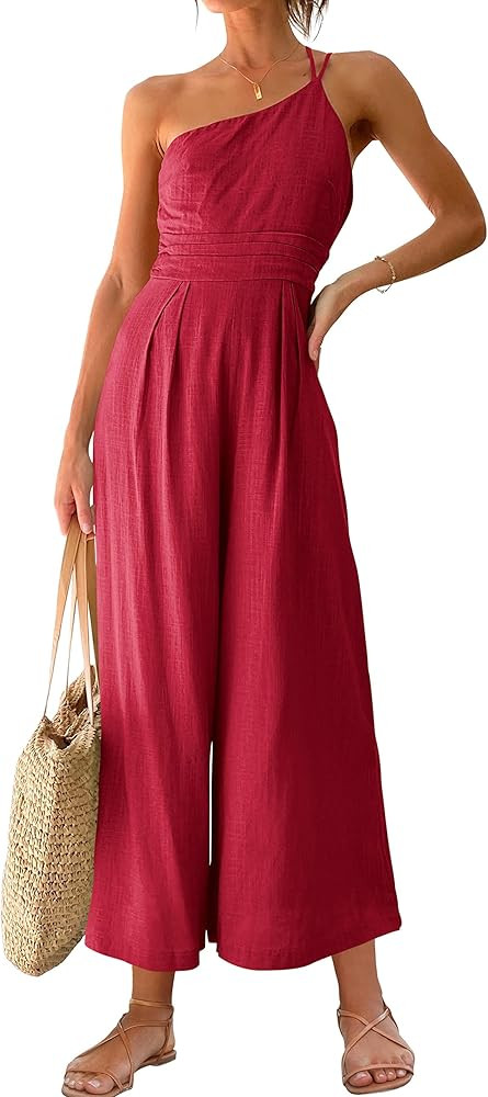 ANRABESS Women's Summer Straps One Shoulder High Waist Dressy Casual Wide Leg Linen Jumpsuit Romp... | Amazon (US)