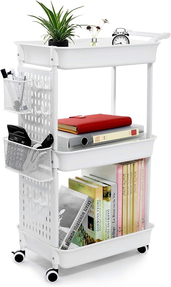 WiseWater 3 Tier Rolling Cart with Removable Pegboard, Rolling Utility Cart with 8 Hooks and Nois... | Amazon (US)