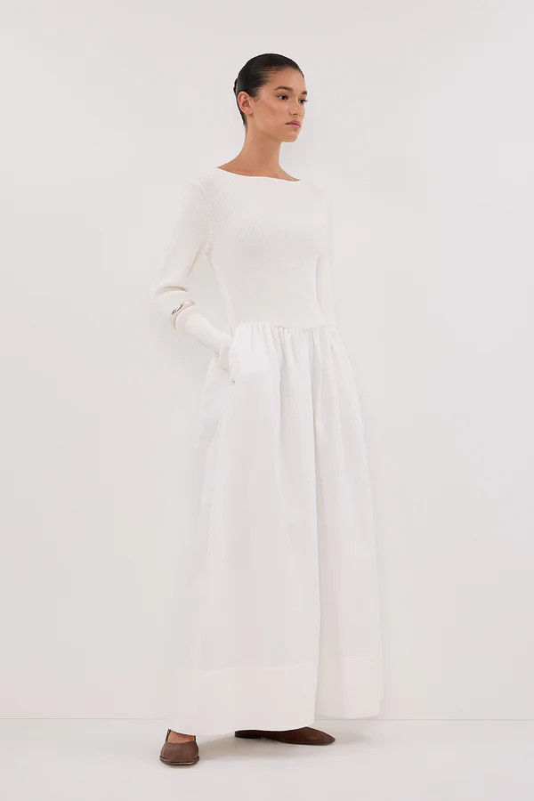 ABIGAIL WHITE HYBRID LONG SLEEVE MIDI DRESS | DISSH