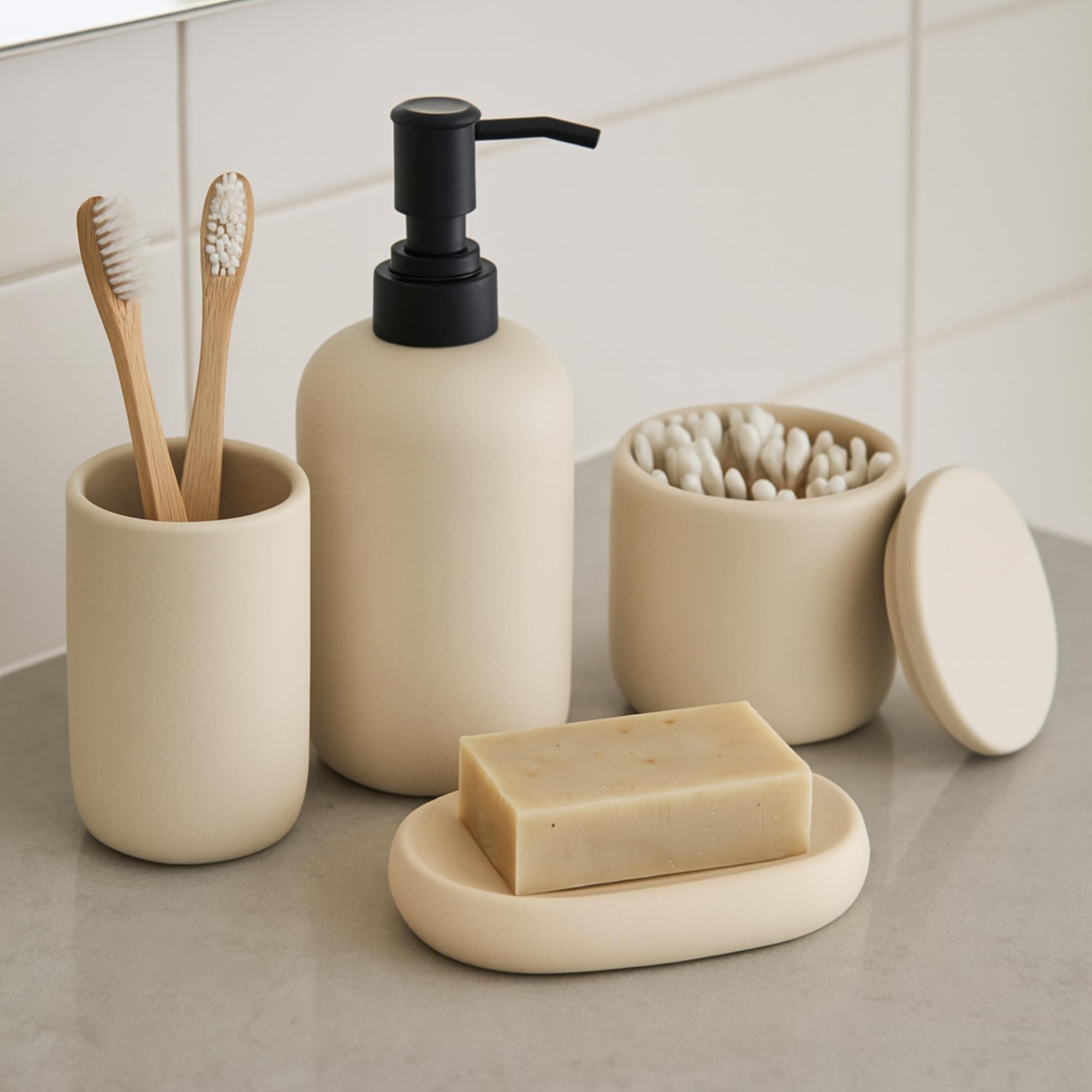 Ceramic Bathroom Accessories Set 4 Pcs – Modern Scandinavian Neutral Bathroom Soap Dispenser Se... | Amazon (US)