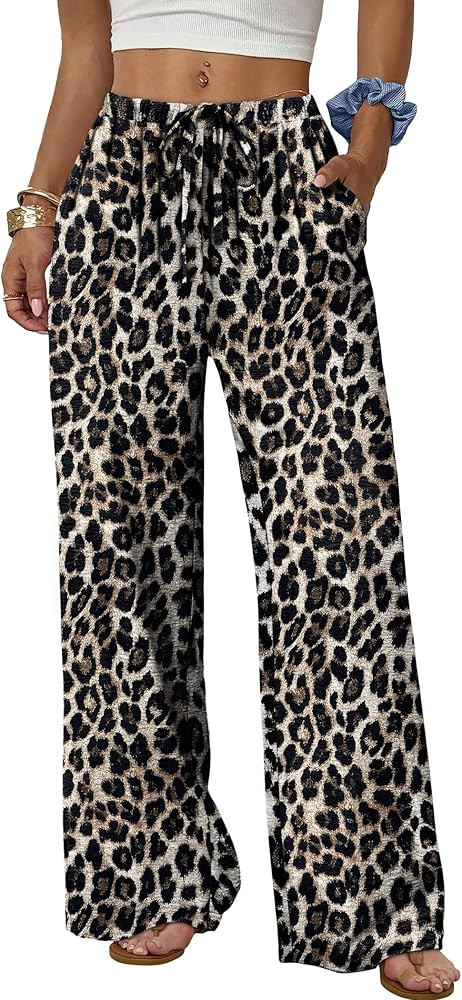 Sampeel Wide Leg Pants for Women Flowy Palazzo Drawstring Elastic Waist Trousers with Pockets Sum... | Amazon (US)