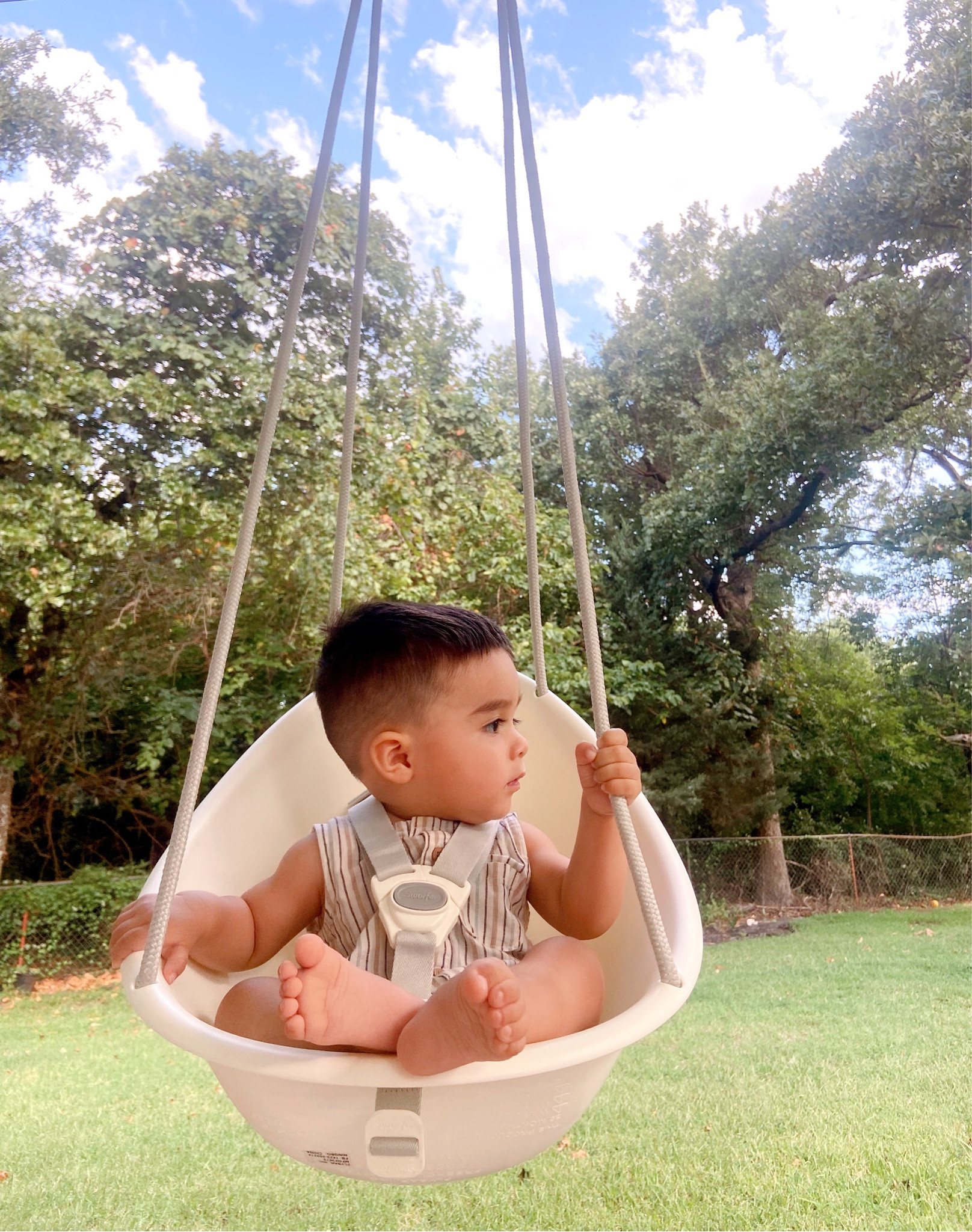 We bought this egg swing for Noah, and he absolutely loves it! At first, I was unsure of the shape of it. I thought he wasn’t going be comfortable in it, but he was so comfortable and even fell asleep. We hanged ours on our patio and every morning we made it our routine to go outside for a few minutes and he sits there and swings while I feed the animals. So it’s a win-win.