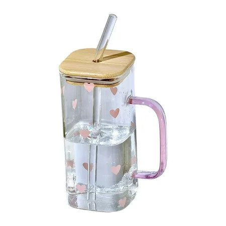 13.4oz Square Glass Cup with Handle Bamboo Lid and Straw,Glass Tumbler,Iced Coffee Cups Hot/Cold Drinks（Pink Heart） | Walmart (US)