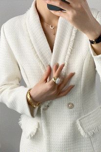White Shawl Collar Double-Breasted Tweed Blazer | J.ING