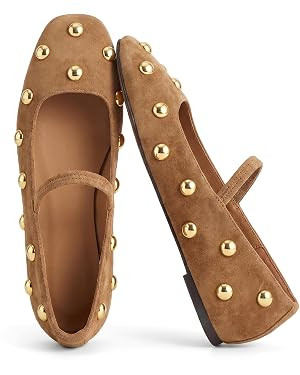 Studded Flats for Women Square Toe Slip on Suede Ballet Flats | Amazon (US)