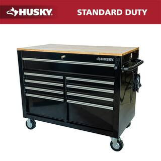 46 in. x 25 in. D 9-Drawer Mobile Workbench with Adjustable Height Wood Top in Gloss Black | The Home Depot