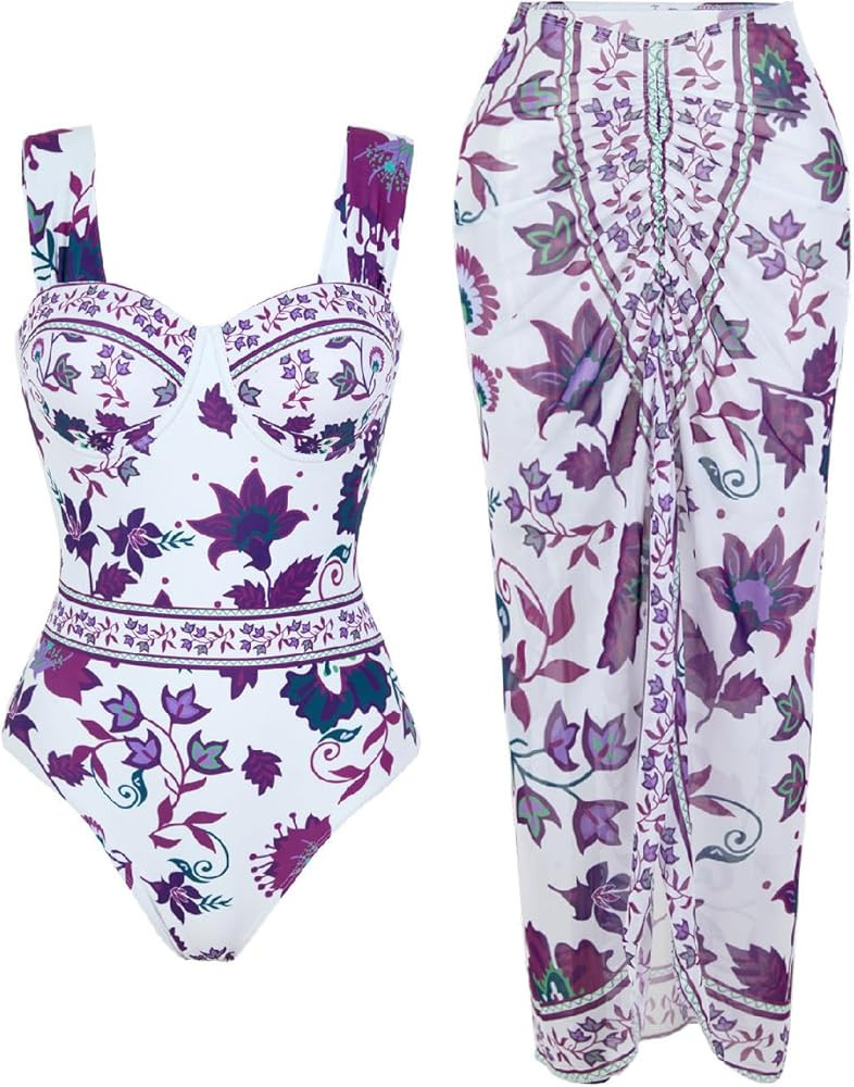 Floral Printed One Piece Swimsuit Women Strap Tummy Control 2 PC Swimwear with Cover Up Skirt Sum... | Amazon (US)