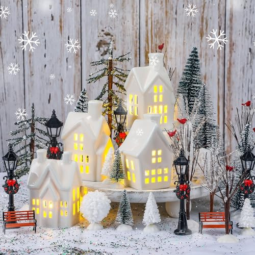 33 Pcs Ceramic Christmas Village Sets with LED Light Decor White Winter Miniature Village Resin Figurines Christmas Town Snow Scene Tabletop Porcelain Indoor Decor with Lamp Artificial Xmas Tree Set | Amazon (US)