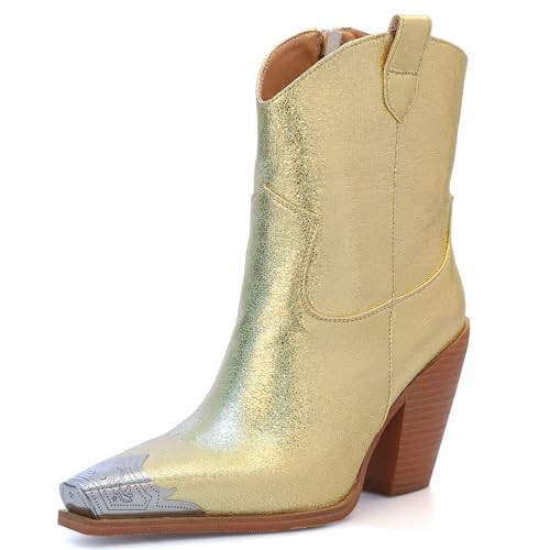 Womens Western Ankle Boots Engraved Metal Toe Cowgirl Booties Stacked Block Heeled Cowboy Boots F... | Amazon (US)