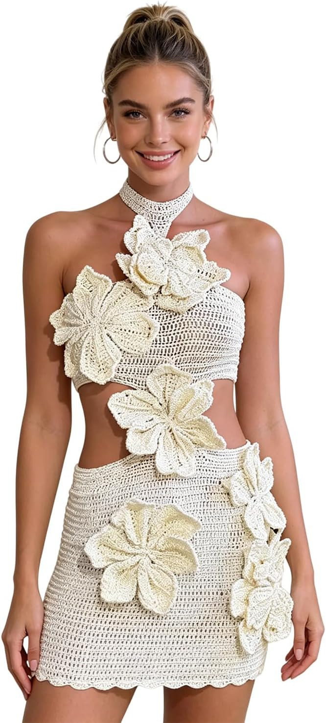 Women's Floral Crochet Knitted Sleeveless Halter Mini Dress Sexy Hollow Out Mesh Sheer Dresses fo... | Amazon (US)