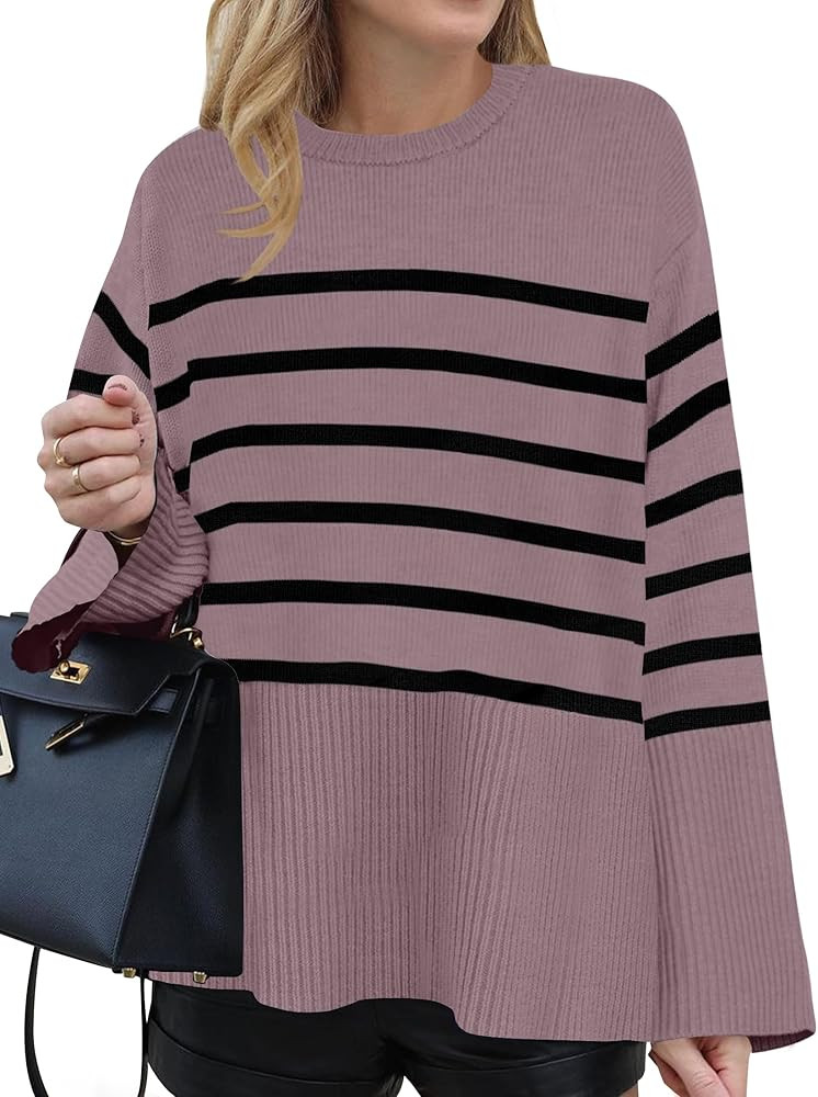 ZESICA Women's 2024 Fall Winter Striped Sweaters Long Sleeve Crew Neck Ribbed Knit Side Slit Over... | Amazon (US)