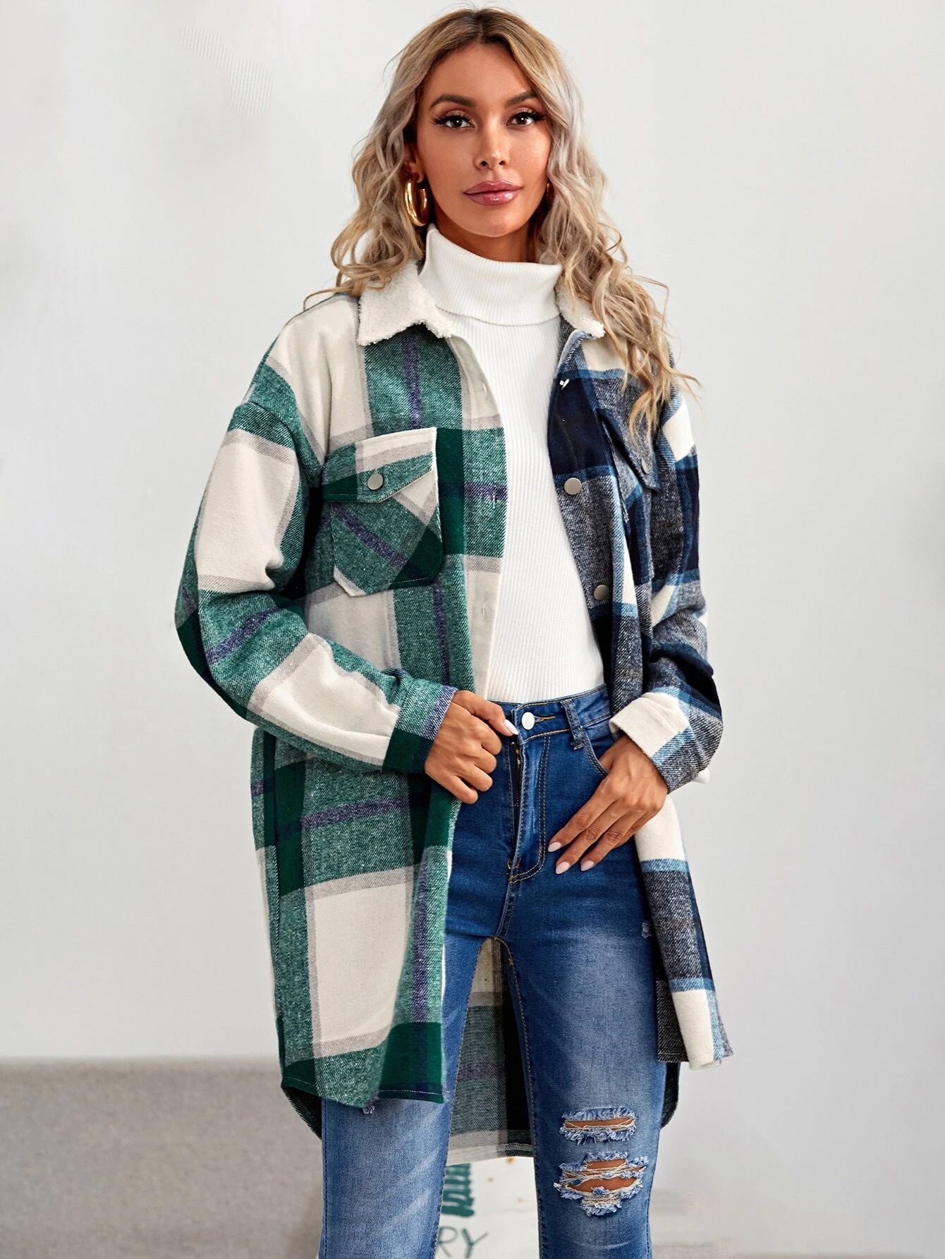 Plaid Flap Pocket Overshirt With Borg Collar | SHEIN