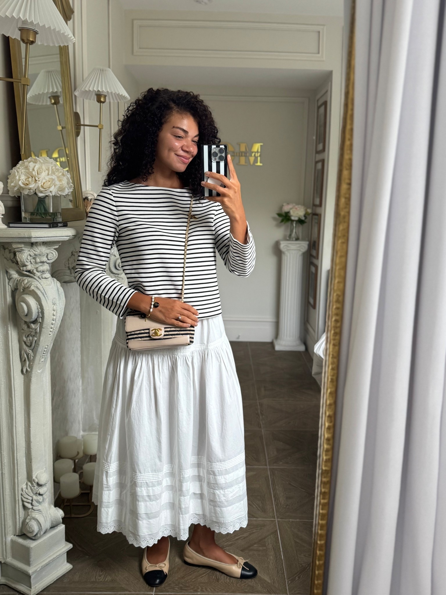 A white skirt outfit with a striped shirt and cap toe flats for classy style 

#LTKWorkwear #LTKStyleTip