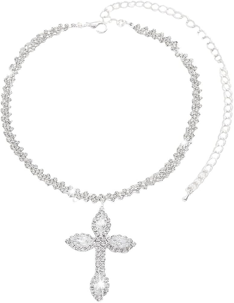 Silver Rhinestones Cross Pendant Necklaces For Women Dainty Sparkly Diamond Tennis Choker Necklac... | Amazon (US)
