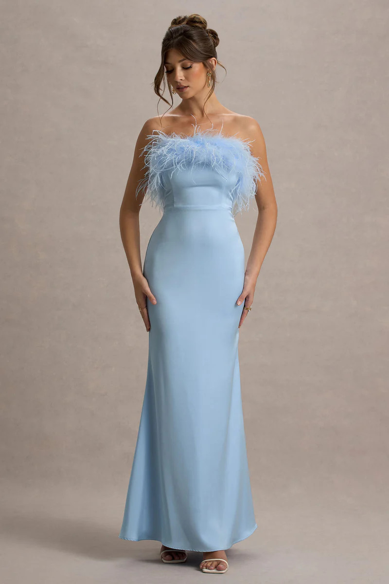 Dress For It | Powder Blue Satin Feather Trim Bandeau Maxi Dress | Club L London