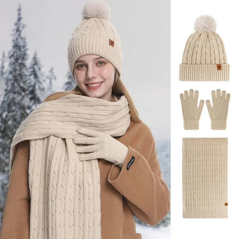 Keyroal Women's Winter Hat Scarf Gloves Set 3-Piece, Ultra Warm Fleece Lined Cable Knit Beanie wi... | Walmart (US)