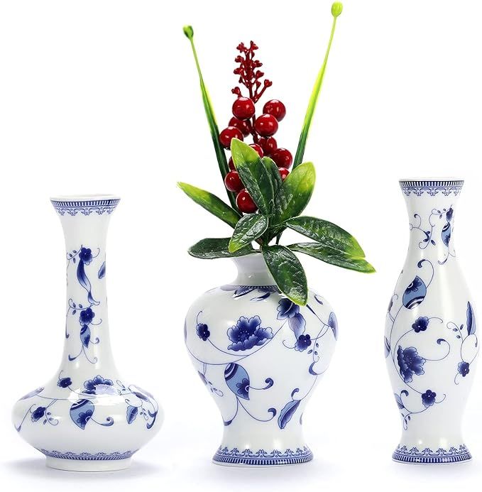 LoveCat Ceramic Vase Set - 3 Small Blue & White Porcelain Vases, Fambe Glaze Porcelain Vases Set ... | Amazon (US)