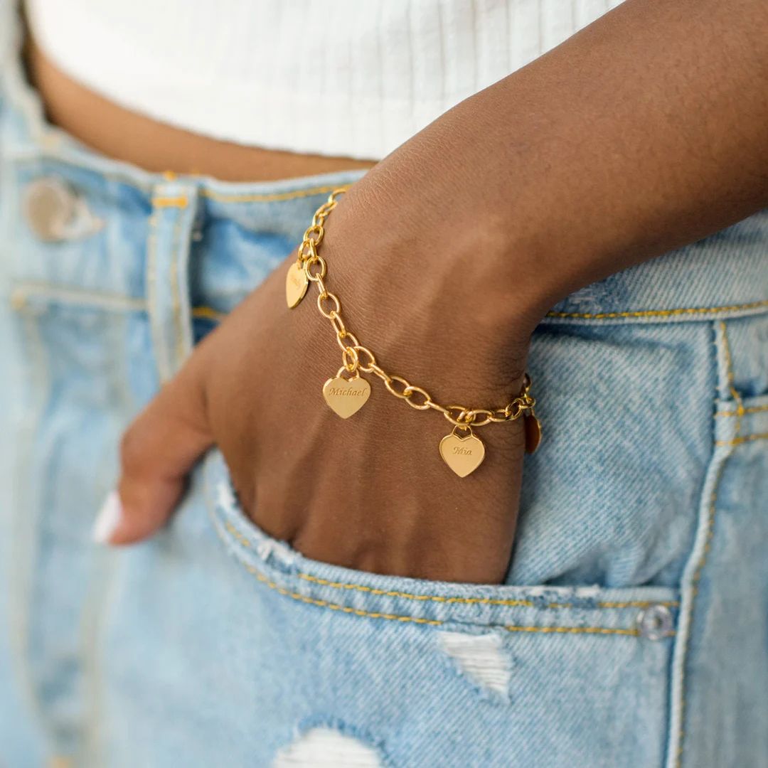 Custom Gold Heart Charms Bracelet Personalized Dainty Love - Etsy | Etsy (US)