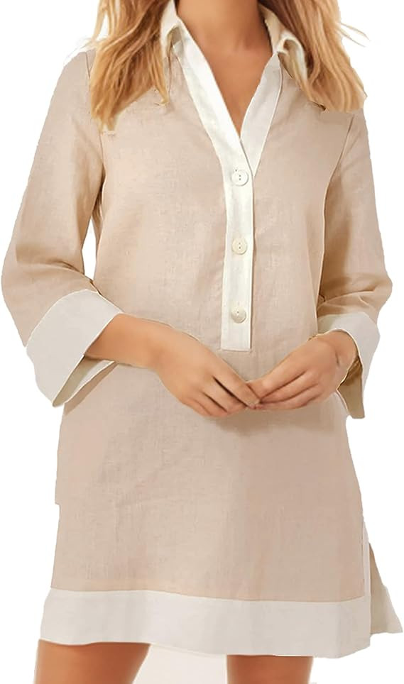 Kedera Women Botton Shirt Dress V Neck Short Sleeves Summer Linen Shift Tunic Dress with Pockets | Amazon (US)