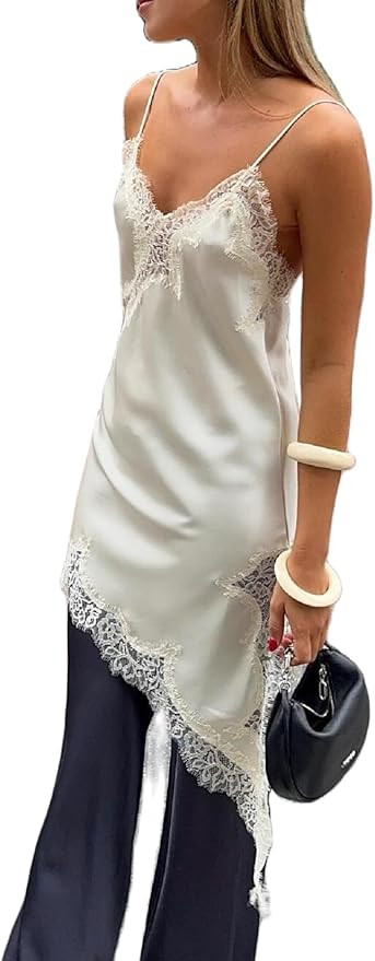 Women Lace Trim Satin High Low Tops Silk Spaghetti Strap Asymmetrical Side Split Cami Top Flowy S... | Amazon (US)