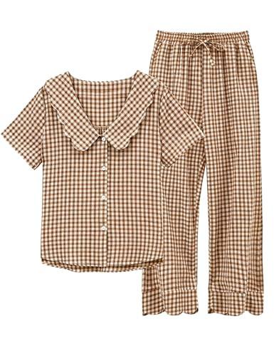 Tanming Womens Gingham 2 Piece Pajamas Sets Puff Sleeve Babydoll Shirt Ruffle Pants Pj Lounge Set... | Amazon (US)
