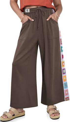 TARSE Womens Wide Leg Linen Pants Summer Casual Drawstring Loose Lounge Palazzo Crochet Panel Pant with Pocket(DarkCoffee, S) | Amazon (US)