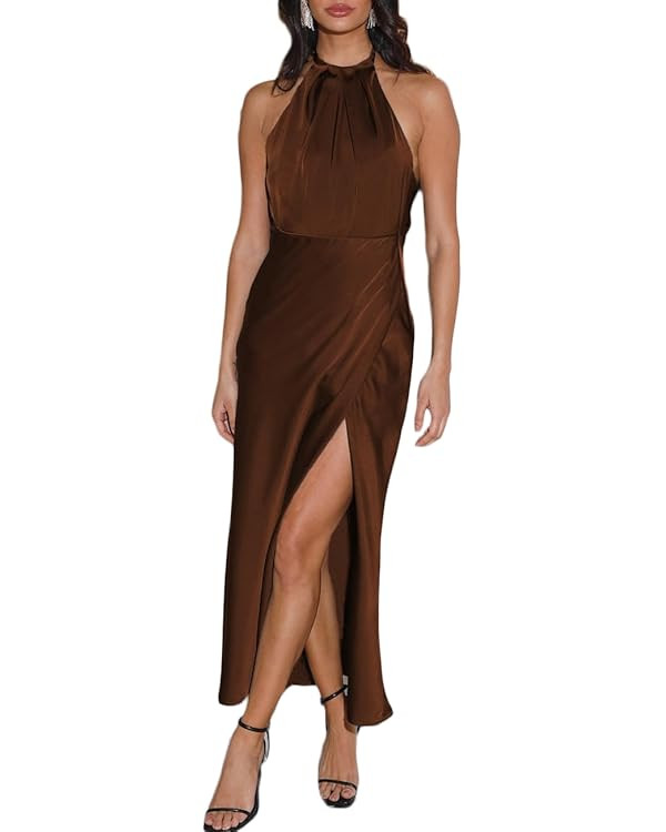2025 Summer Satin Halter Neck Backless Slit Midi Dresses Elegant Cowl Back Ruched Wedding Guest M... | Amazon (US)