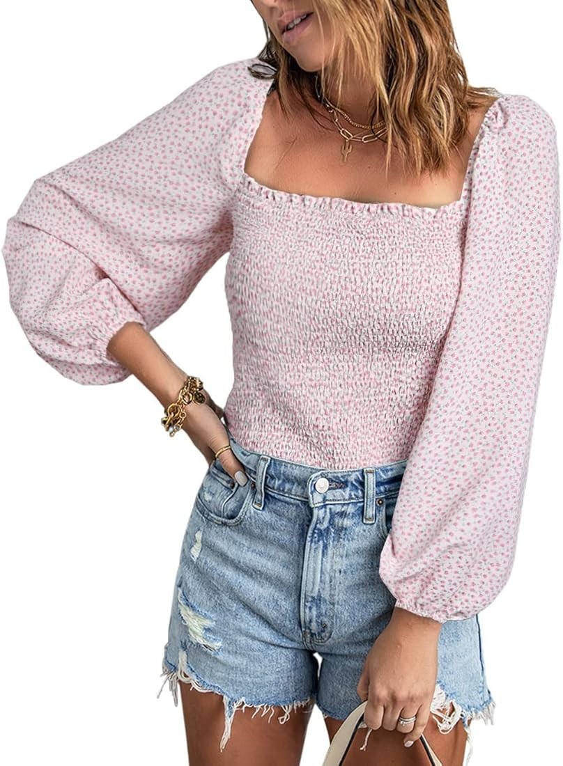 BTFBM Women Casual Long Sleeve Shirts Top 2023 Spring Summer Off Shoulder Tops Square Neck Floral Bo | Amazon (US)