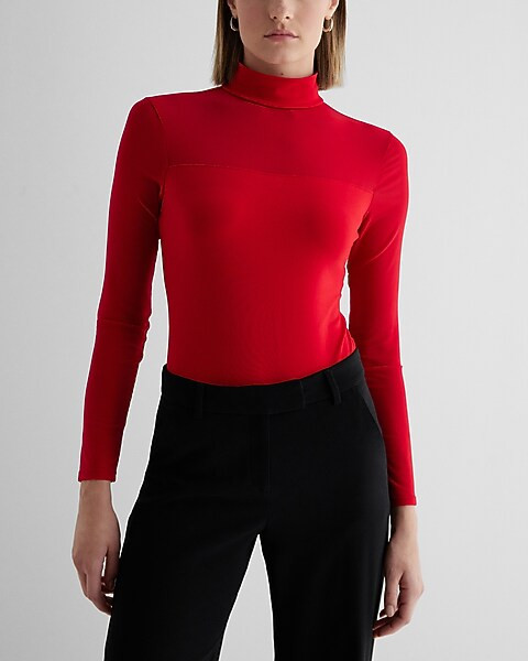 Fitted Mesh Pieced Mock Neck Long Sleeve Bodysuit | Express