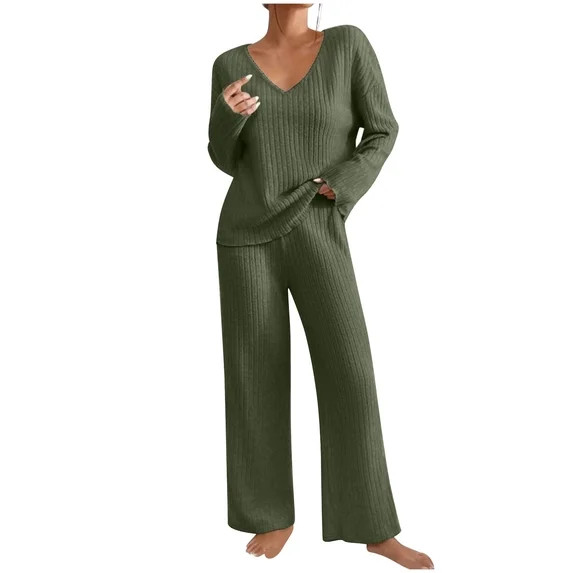 successthop Ribbed Lounge Sets for Women 2 Piece Pajamas Set V Neck Long Sleeve Loungewear Wide L... | Walmart (US)