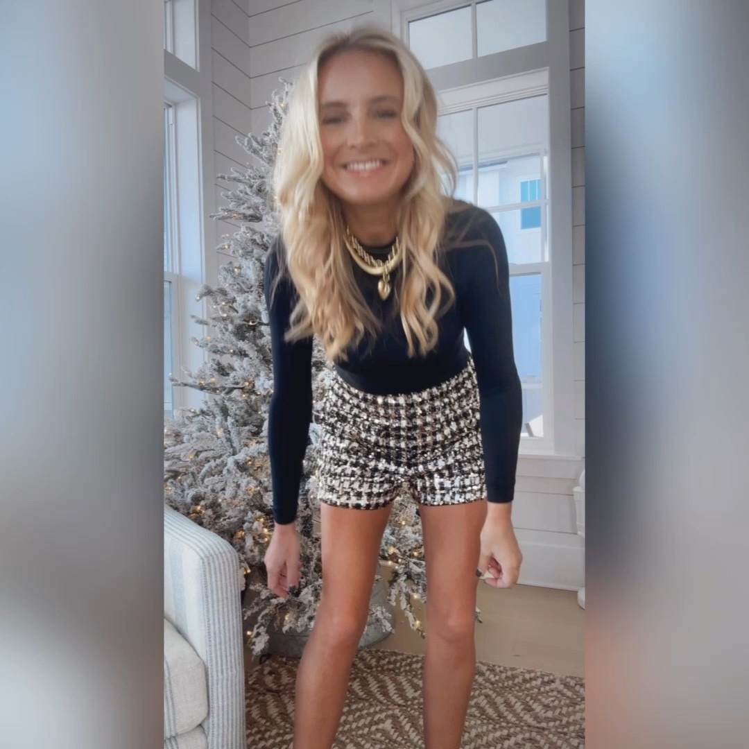 Cutest sequin shorts and the best bodysuit! Wearing size small in both. Code Fancy15 for 15% off outfit and fancy20 for 20% off jewelry  

#LTKStyleTip #LTKHoliday #LTKWatchNow